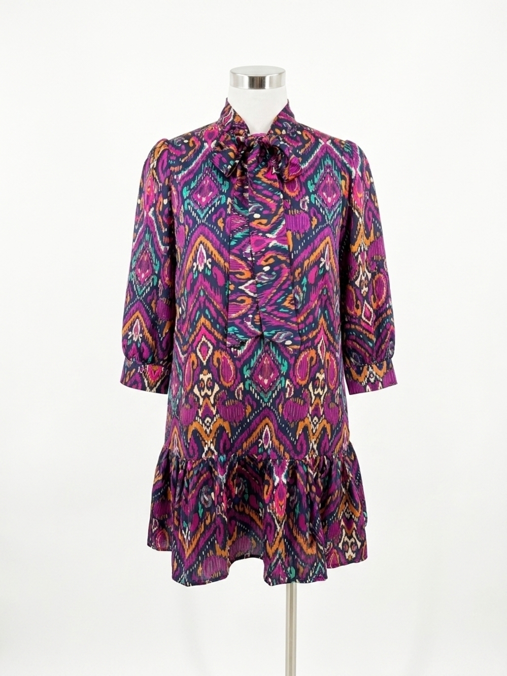 NEW FATE abstract print tie neck ruffle dress in black multi